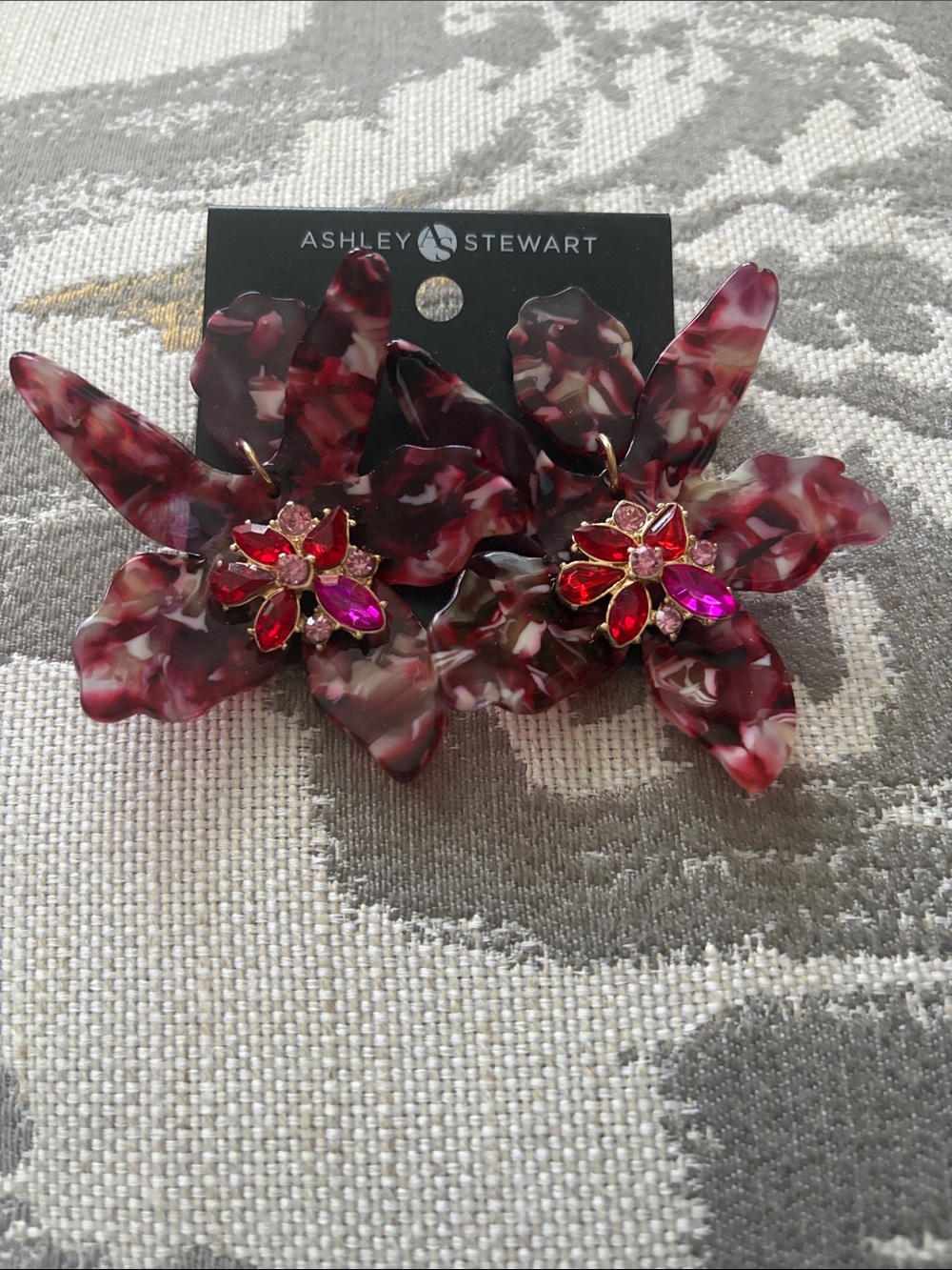 Ashley Stewart Marbled Burgundy Floral Earrings with Gem Accents. NWT